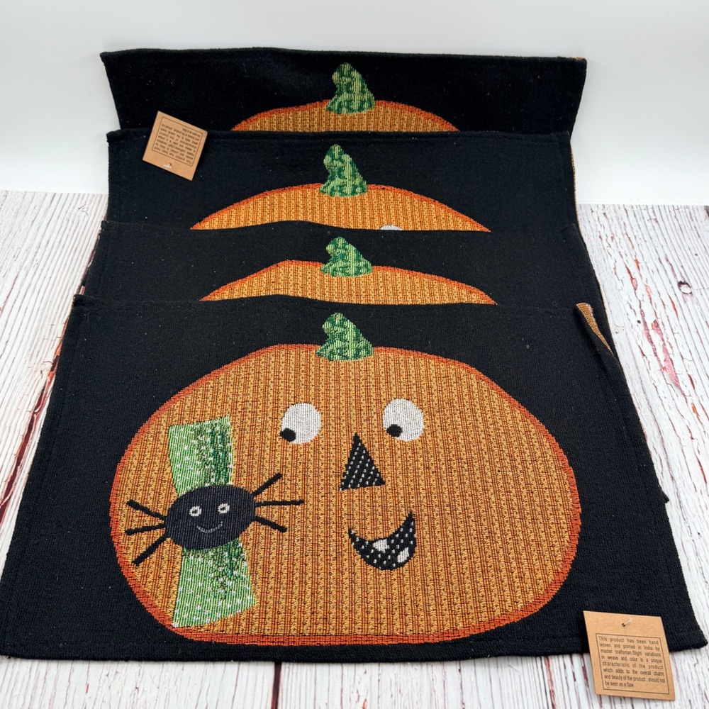 Set of 4 Halloween Pumpkin Spider Hand Woven Placemats Black Orange 13x19
